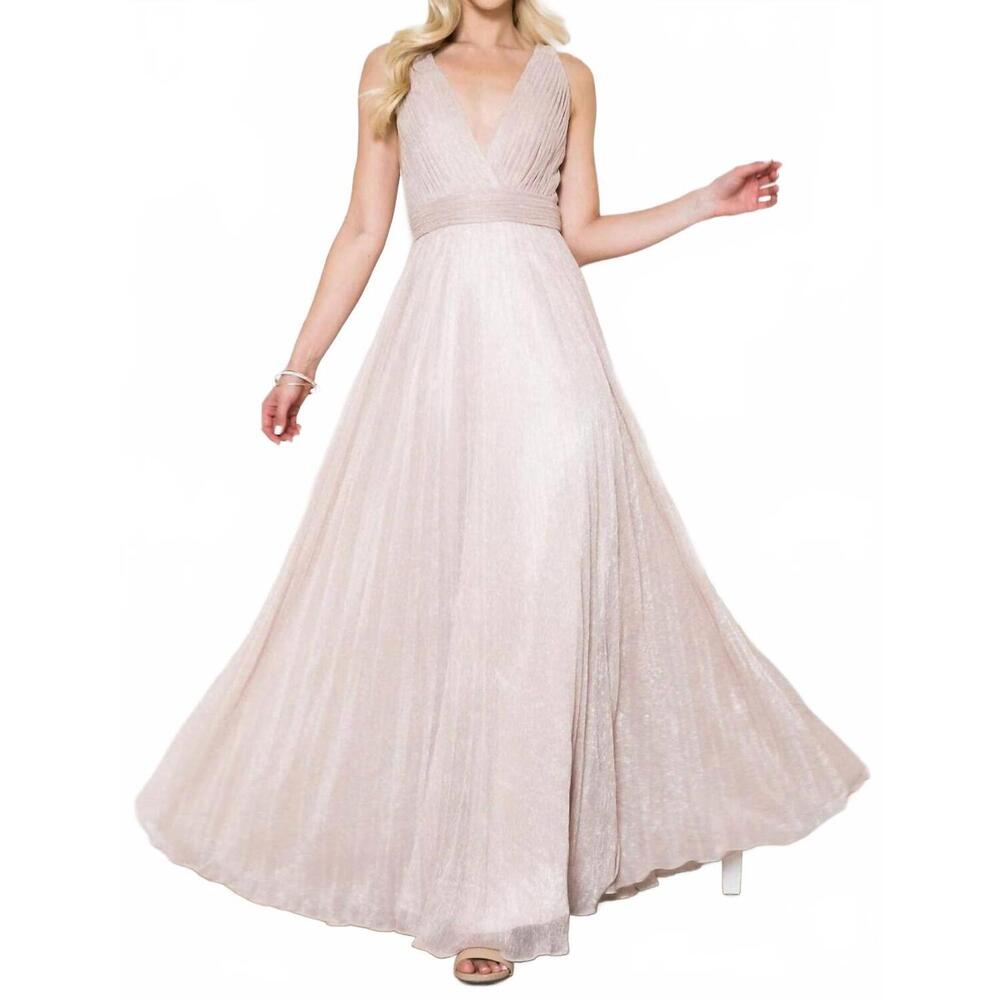 NEW AMELIA COUTURE pleated metallic v-neck gown in light pink silver
